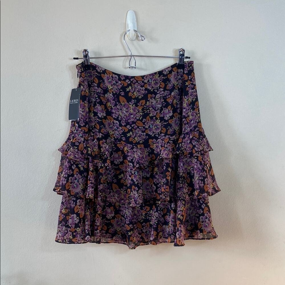 New Lauren by Ralph Lauren Short Floral Ruffle Trim "Georgette" Skirt Women's 4